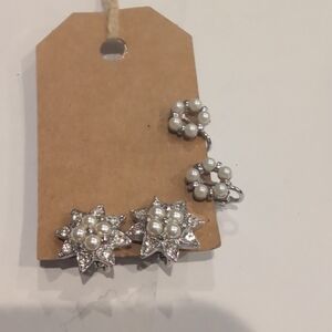 Pearl & Crystal Starburst Earrings - Silver Tone